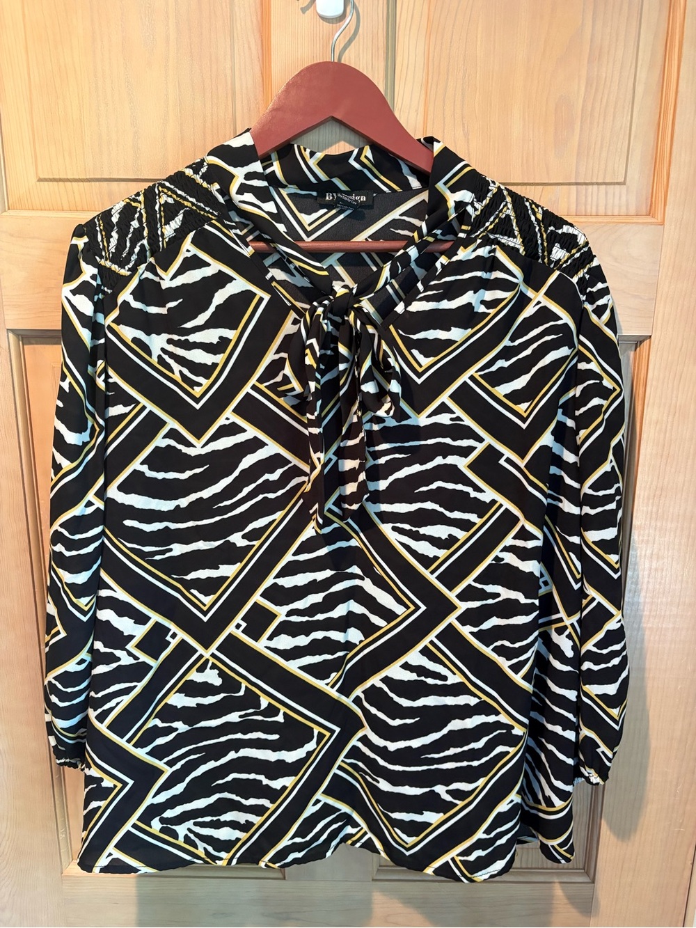 Tie-Neck Geometric Zebra Print Blouse in Black, White & Gold